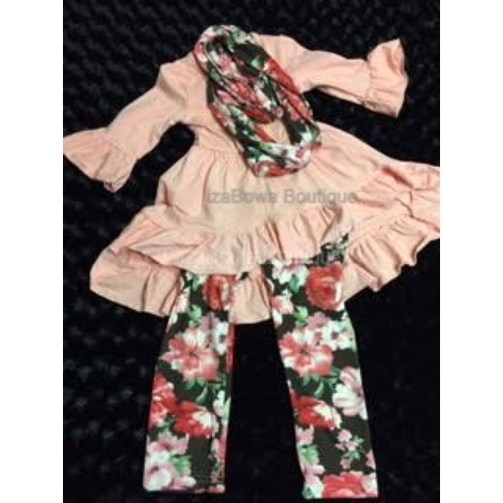 Peach HI-Lo Shirt Floral Leggings/Scarf 3pc Set  1201L  Large 4T  NWT Boutique
